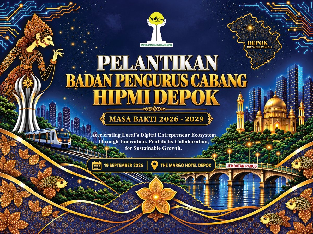 Poster Pelantikan BPC HIPMI Kota Depok masa bakti 2026-2029, 19 September 2026 di The Margo Hotel Depok